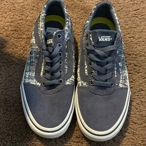 Vans ortholite boat shower with pink, blue, white plaid sparkled fabric side